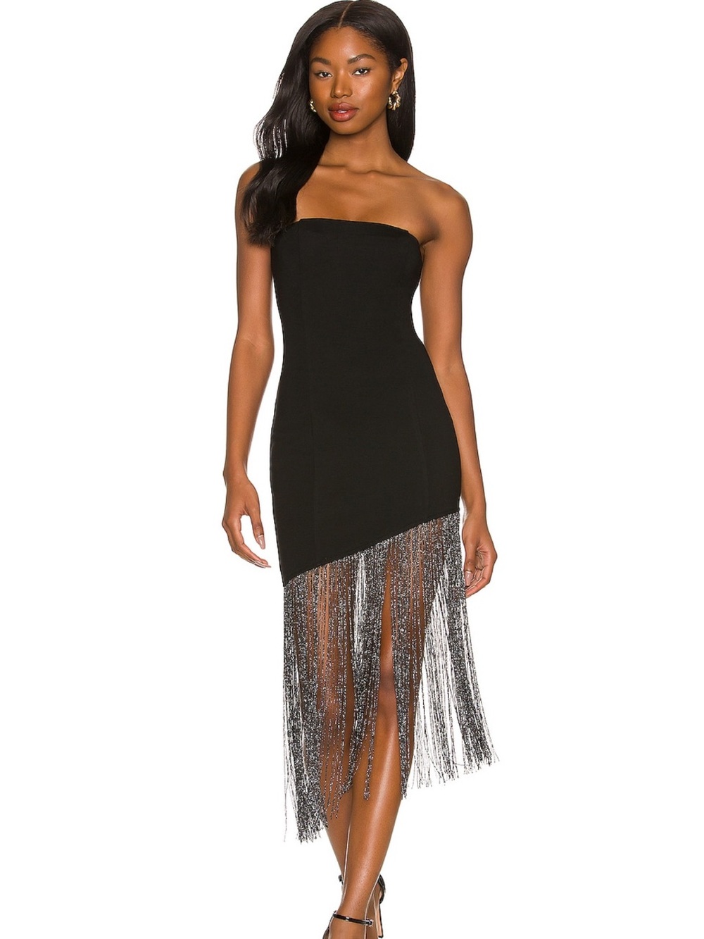 superdown Black Strapless Dress with Silver Fringe Hem